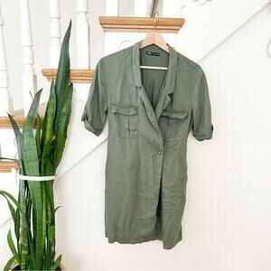 Zara Olive Green Notched Collar Short Sleeve Wrap Around Shirt Dress Size M
